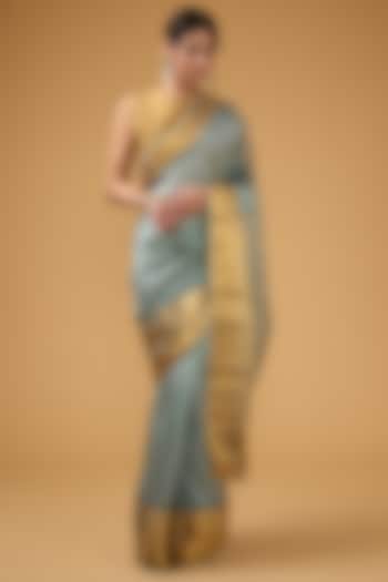 Bluish-Grey Silk Block Printed Saree Set by Aharin India