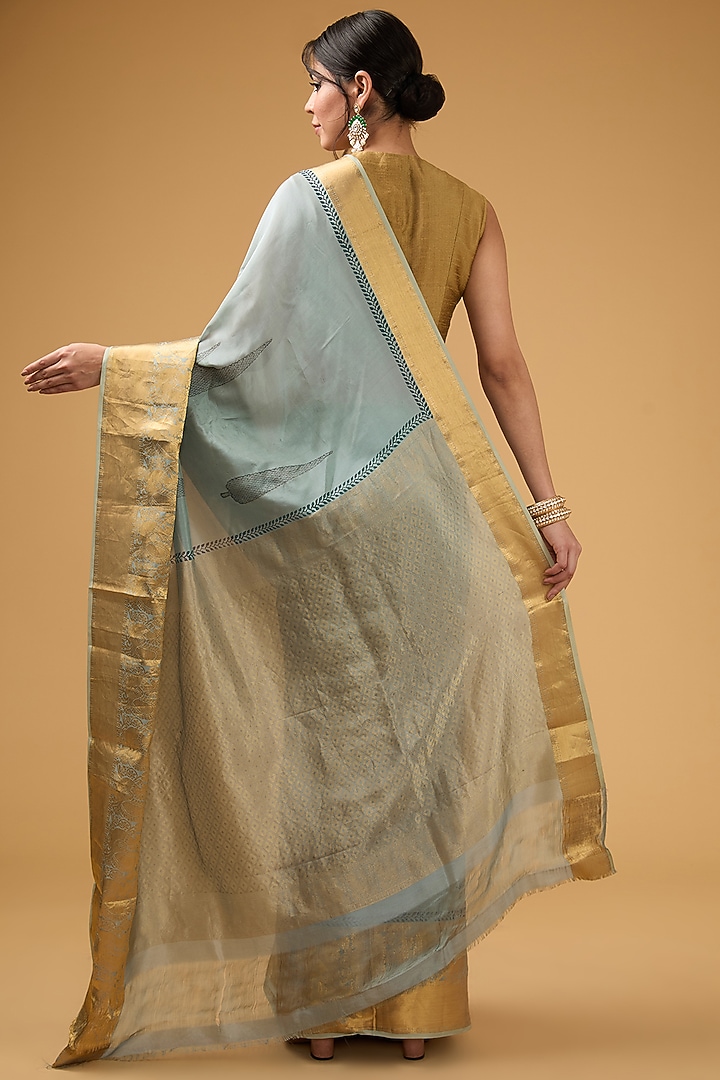 Bluish-Grey Silk Block Printed Party Wear Saree Set by Aharin India at Pernia's Pop Up Shop