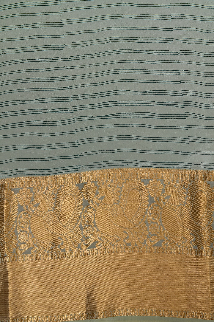 Bluish-Grey Silk Block Printed Party Wear Saree Set by Aharin India at Pernia's Pop Up Shop