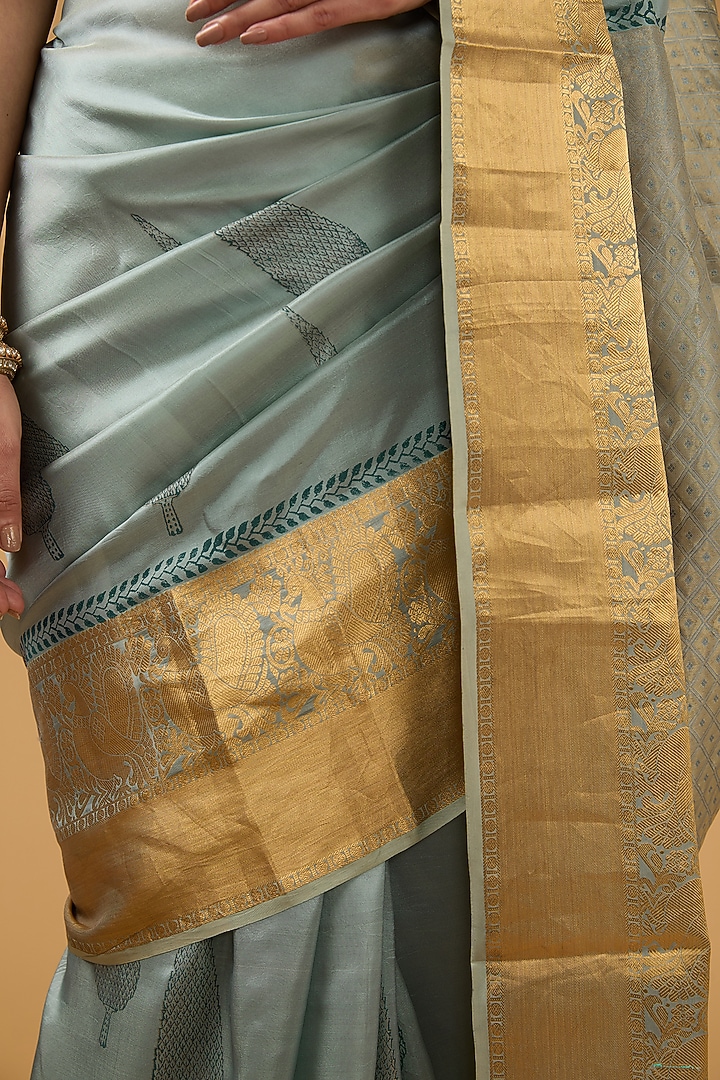 Bluish-Grey Silk Block Printed Party Wear Saree Set by Aharin India at Pernia's Pop Up Shop