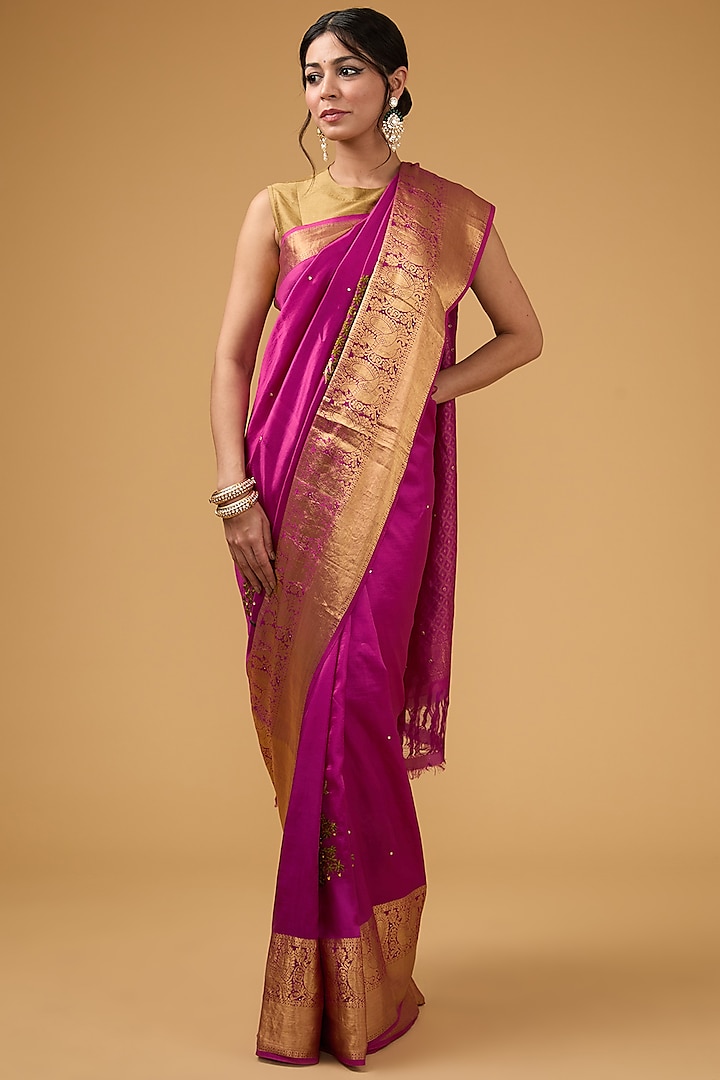 Pink Silk Floral Embroidered & Printed Saree Set by Aharin India