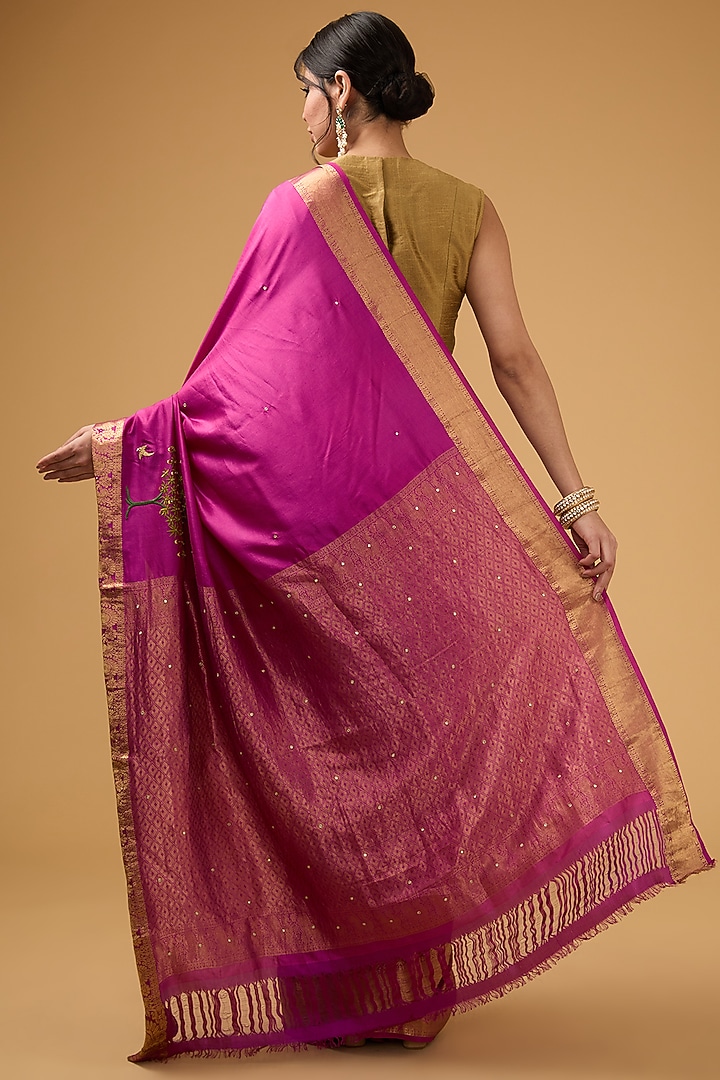 Pink Silk Floral Embroidered & Printed Party Wear Saree Set by Aharin India at Pernia's Pop Up Shop