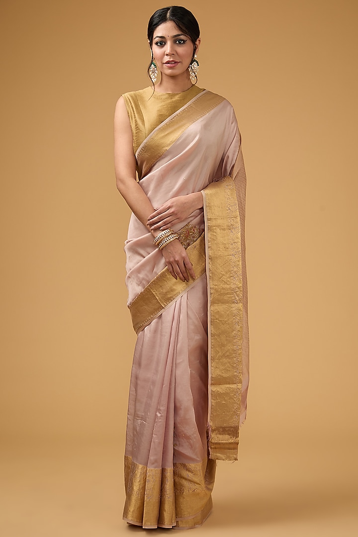 Peachish-Pink Silk Floral Embroidered & Printed Saree Set by Aharin India