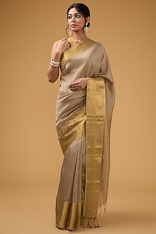 Beigish-Peach Silk Floral Embroidered & Printed Saree Set by Aharin India