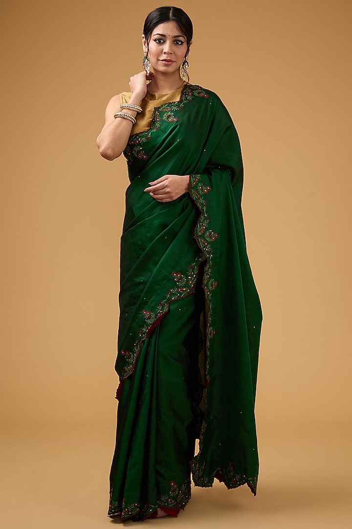 Dark Forest Green Silk Floral Embroidered Saree Set by Aharin India