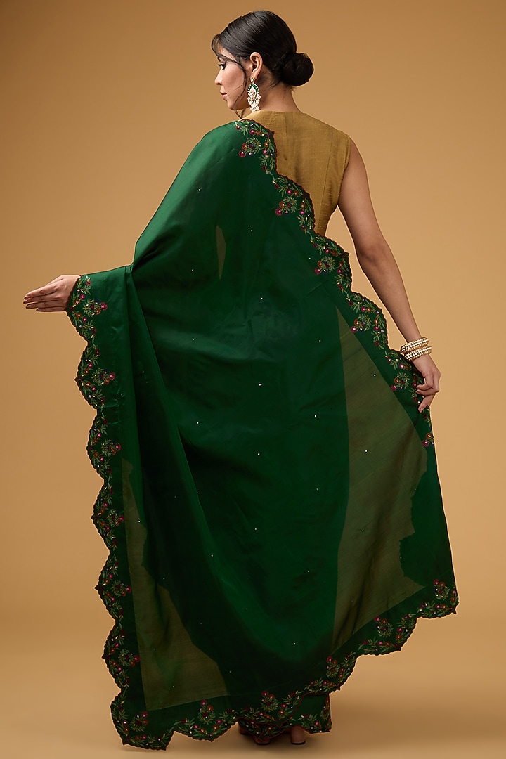 Dark Forest Green Silk Floral Embroidered Wedding Saree Set by Aharin India at Pernia's Pop Up Shop