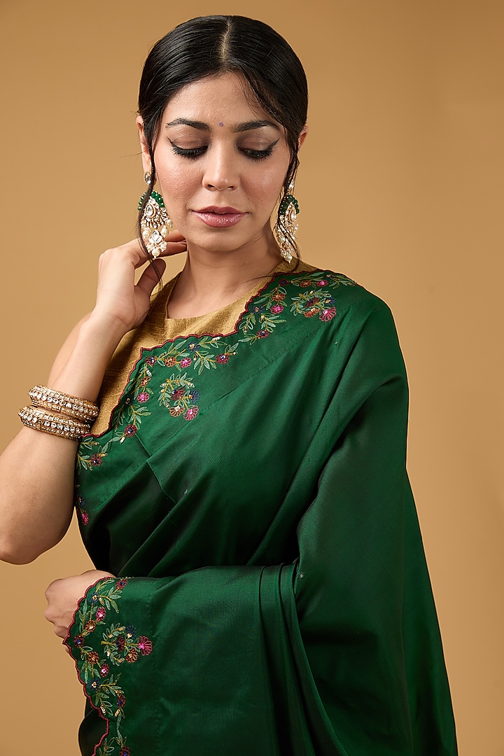 Dark Forest Green Silk Floral Embroidered Wedding Saree Set by Aharin India at Pernia's Pop Up Shop