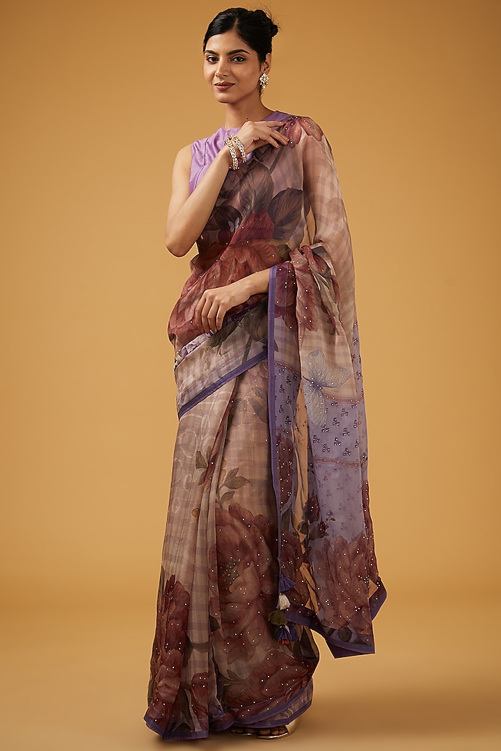 Purple Viscose Floral Printed Party Wear Saree Set by Aharin India at Pernia's Pop Up Shop