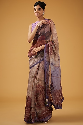 Purple Viscose Floral Printed Saree Set by Aharin India