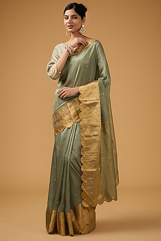 Pista Grey Green Silk Sequin Embroidered Saree Set by Aharin India