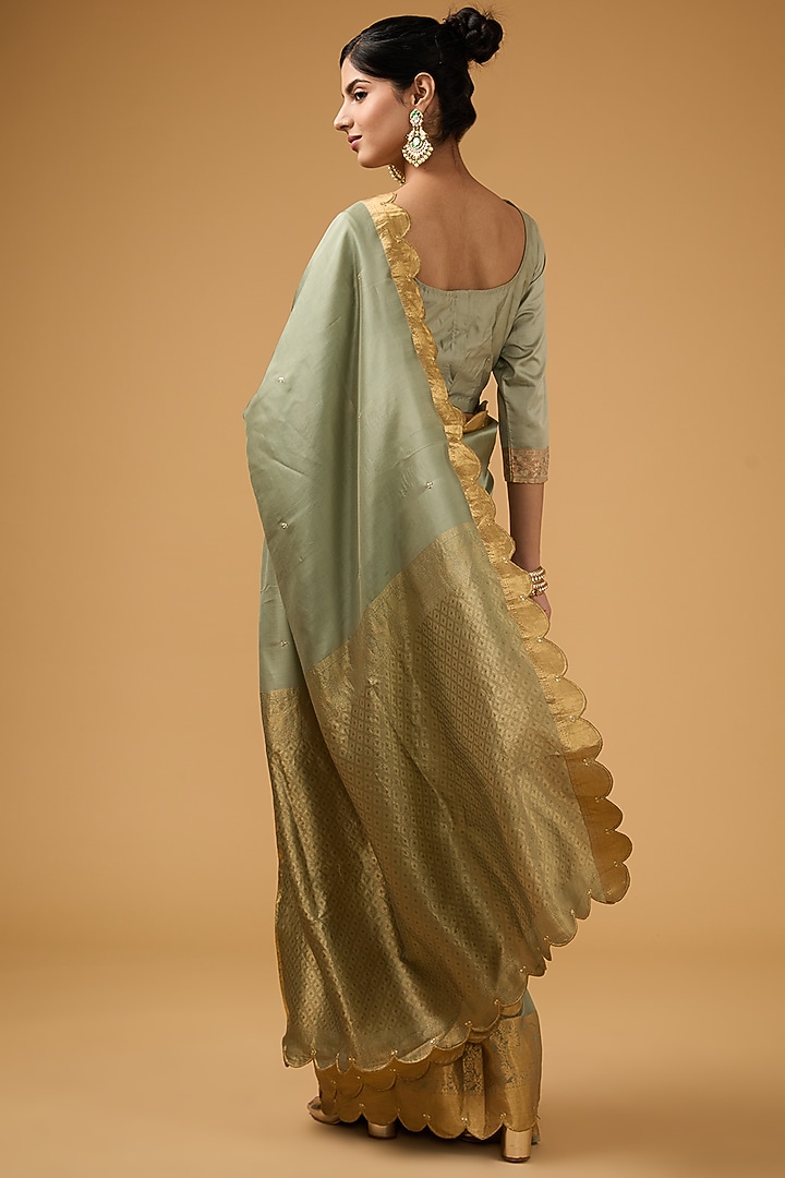 Pista Grey Green Silk Sequin Embroidered Party Wear Saree Set by Aharin India at Pernia's Pop Up Shop