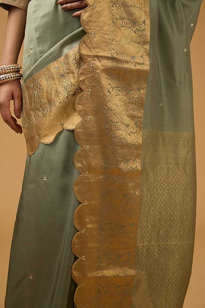 Pista Grey Green Silk Sequin Embroidered Party Wear Saree Set by Aharin India at Pernia's Pop Up Shop