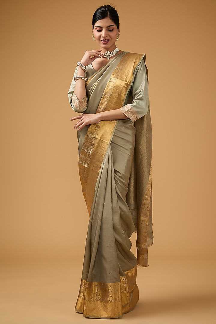 Grey Green Silk Sequin Embroidered Party Wear Saree Set by Aharin India at Pernia's Pop Up Shop