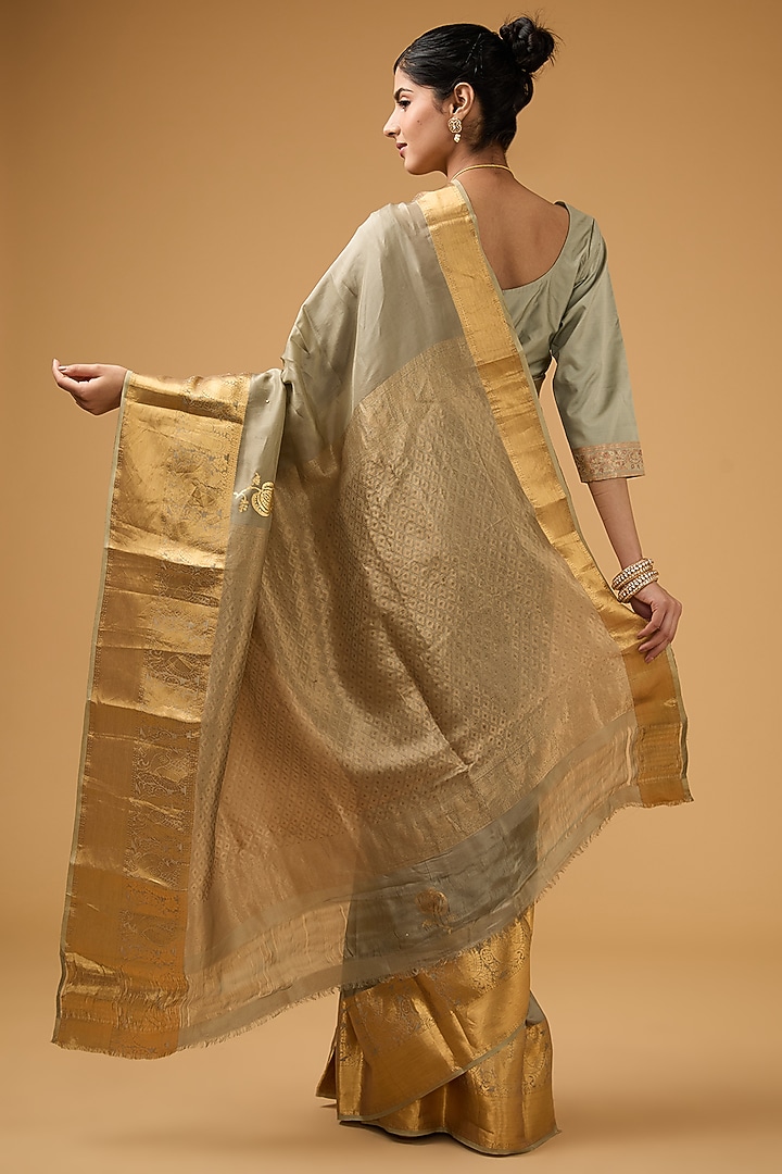Grey Green Silk Sequin Embroidered Party Wear Saree Set by Aharin India at Pernia's Pop Up Shop