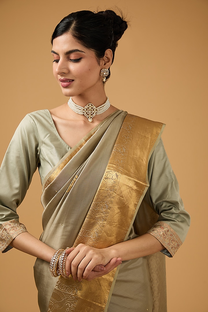 Grey Green Silk Sequin Embroidered Party Wear Saree Set by Aharin India at Pernia's Pop Up Shop