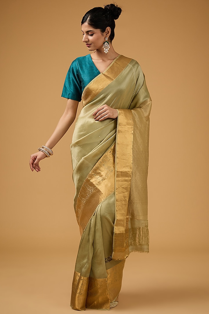 Pista Green Silk Floral Embroidered Party Wear Saree Set by Aharin India at Pernia's Pop Up Shop