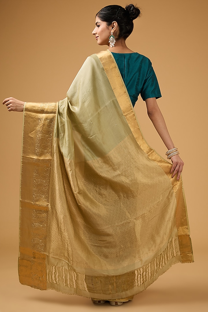 Pista Green Silk Floral Embroidered Party Wear Saree Set by Aharin India at Pernia's Pop Up Shop