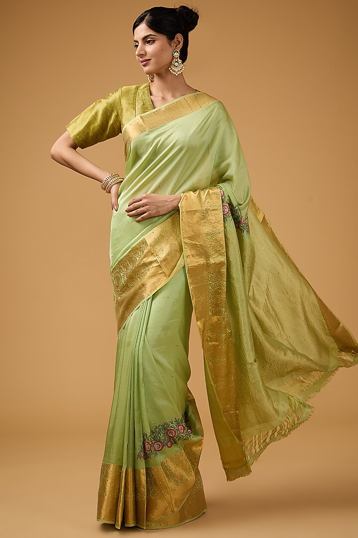 Pista Green Silk Floral Embroidered Party Wear Saree Set by Aharin India at Pernia's Pop Up Shop