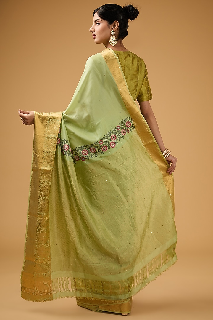 Pista Green Silk Floral Embroidered Party Wear Saree Set by Aharin India at Pernia's Pop Up Shop