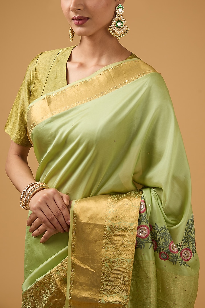 Pista Green Silk Floral Embroidered Party Wear Saree Set by Aharin India at Pernia's Pop Up Shop