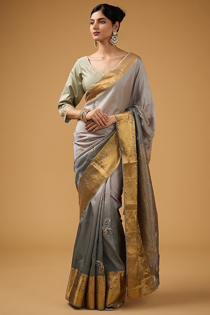 Grey Silk Floral Embroidered Saree Set by Aharin India