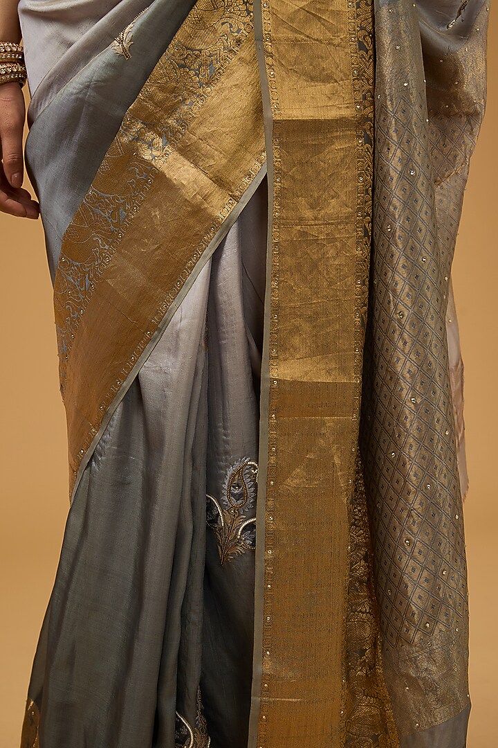 Grey Silk Floral Embroidered Party Wear Saree Set by Aharin India at Pernia's Pop Up Shop