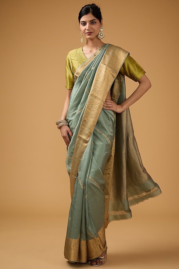 Slate Green Silk Floral Embroidered Party Wear Saree Set by Aharin India at Pernia's Pop Up Shop