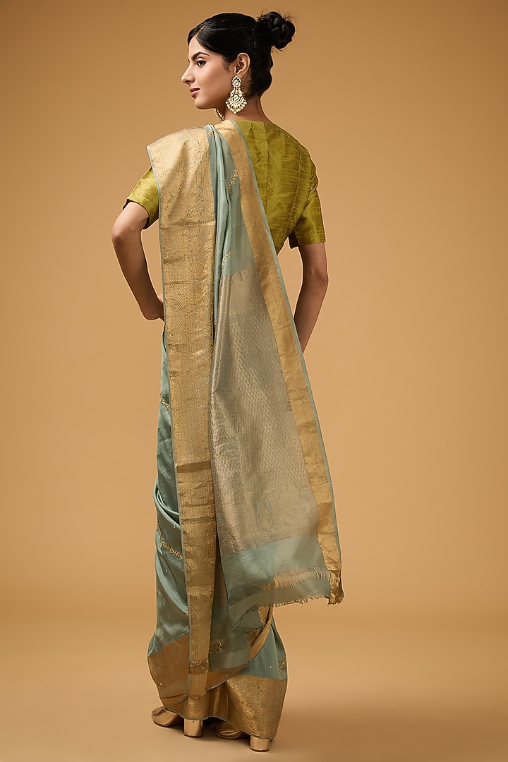 Slate Green Silk Floral Embroidered Party Wear Saree Set by Aharin India at Pernia's Pop Up Shop