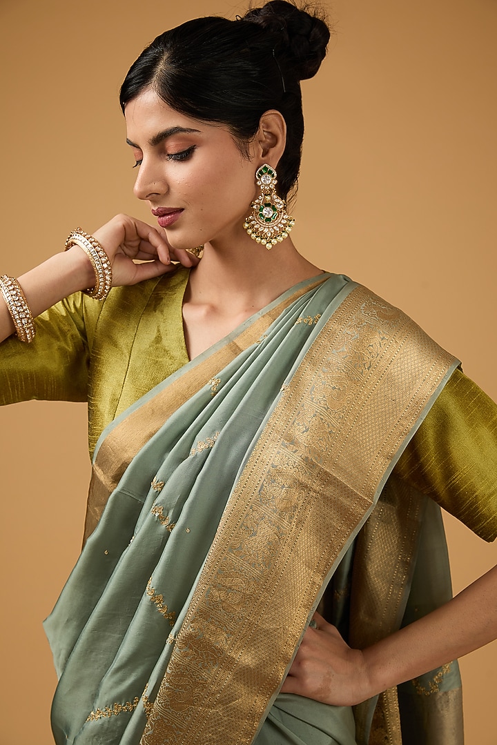 Slate Green Silk Floral Embroidered Party Wear Saree Set by Aharin India at Pernia's Pop Up Shop