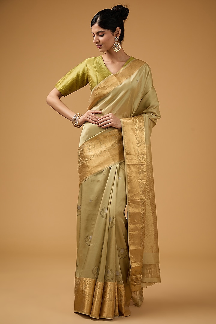 Olive Green Silk Motif Embroidered Party Wear Saree Set by Aharin India at Pernia's Pop Up Shop