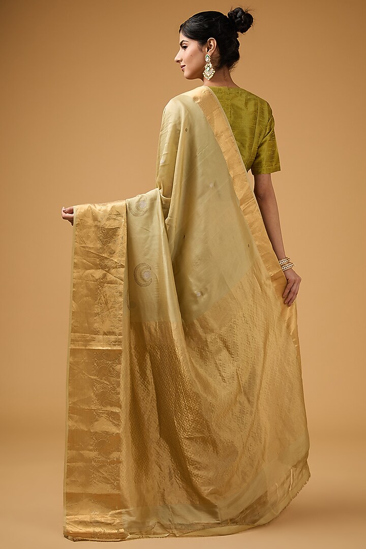Olive Green Silk Motif Embroidered Party Wear Saree Set by Aharin India at Pernia's Pop Up Shop