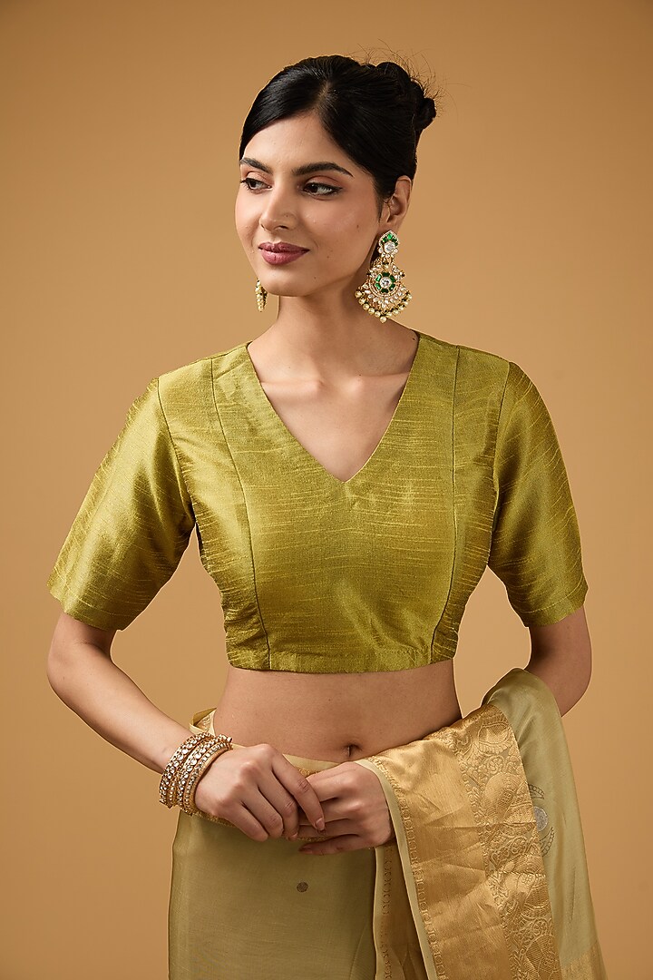 Olive Green Silk Motif Embroidered Party Wear Saree Set by Aharin India at Pernia's Pop Up Shop