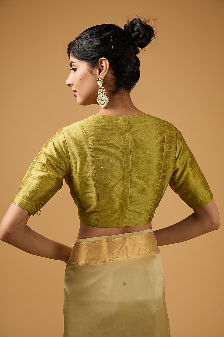 Olive Green Silk Motif Embroidered Party Wear Saree Set by Aharin India at Pernia's Pop Up Shop