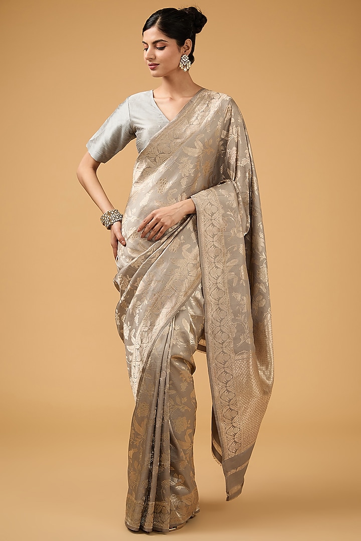 Grey Silk Motif Embroidered Banarasi Saree Set by Aharin India