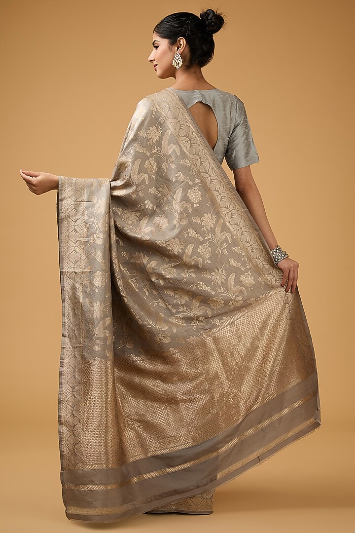 Grey Silk Motif Embroidered Banarasi Reception Saree Set by Aharin India at Pernia's Pop Up Shop