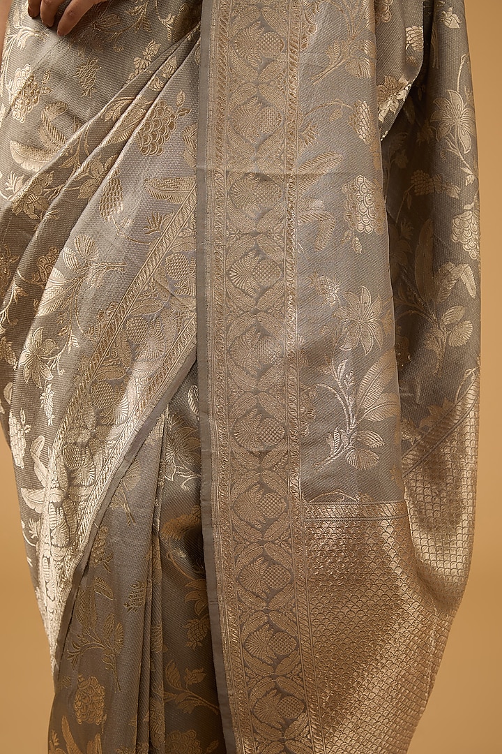 Grey Silk Motif Embroidered Banarasi Reception Saree Set by Aharin India at Pernia's Pop Up Shop