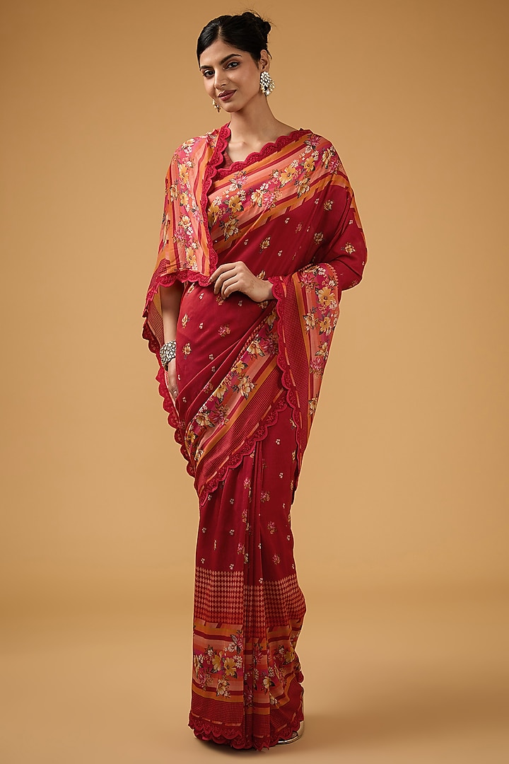 Red Viscose Floral Printed Saree Set by Aharin India