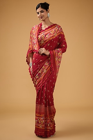 Red Viscose Floral Printed Saree Set by Aharin India