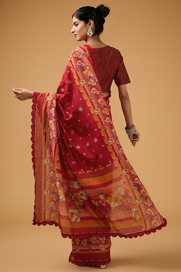 Red Viscose Floral Printed Party Wear Saree Set by Aharin India at Pernia's Pop Up Shop