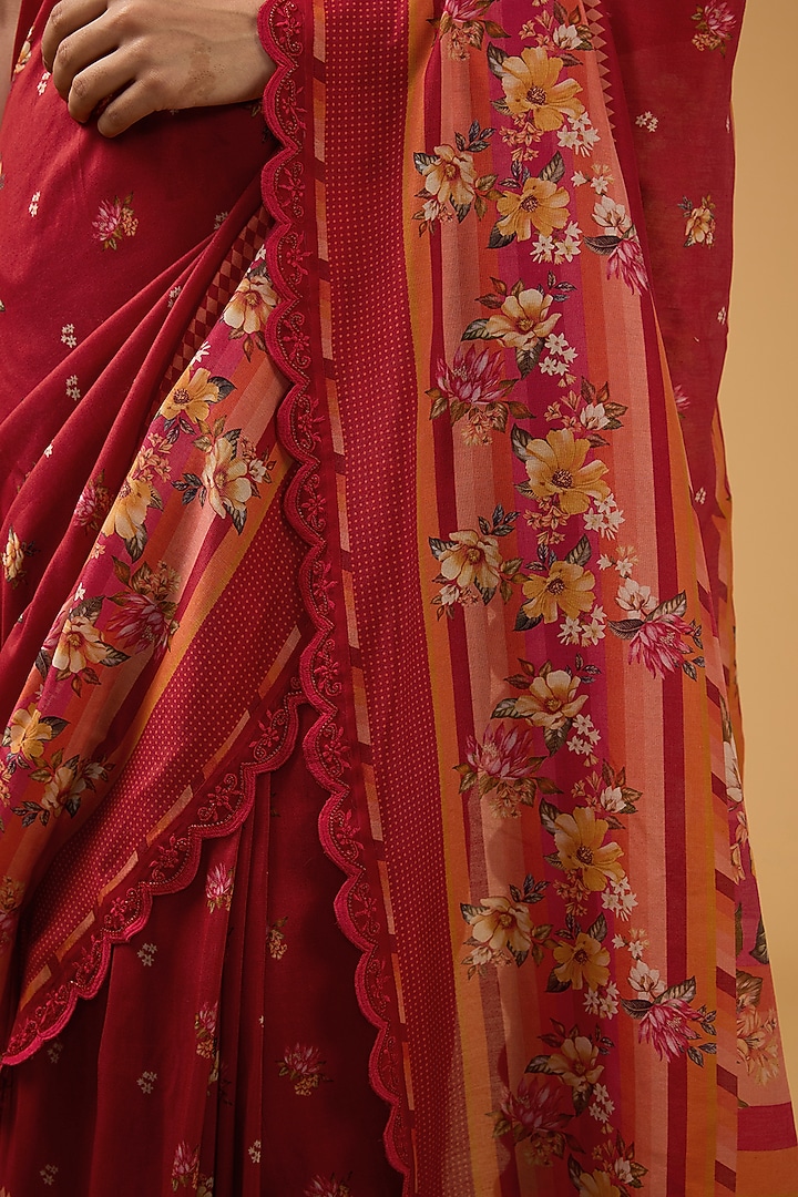 Red Viscose Floral Printed Party Wear Saree Set by Aharin India at Pernia's Pop Up Shop