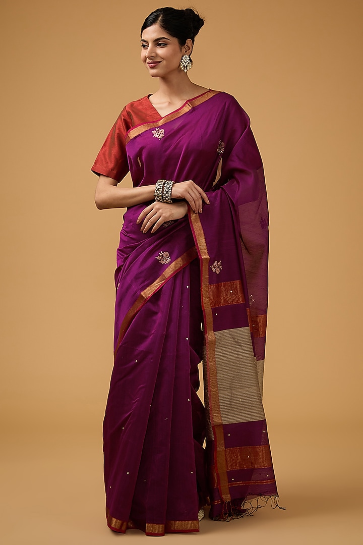 Purple Cotton Silk Handwoven Boota Embroidered Saree Set by Aharin India