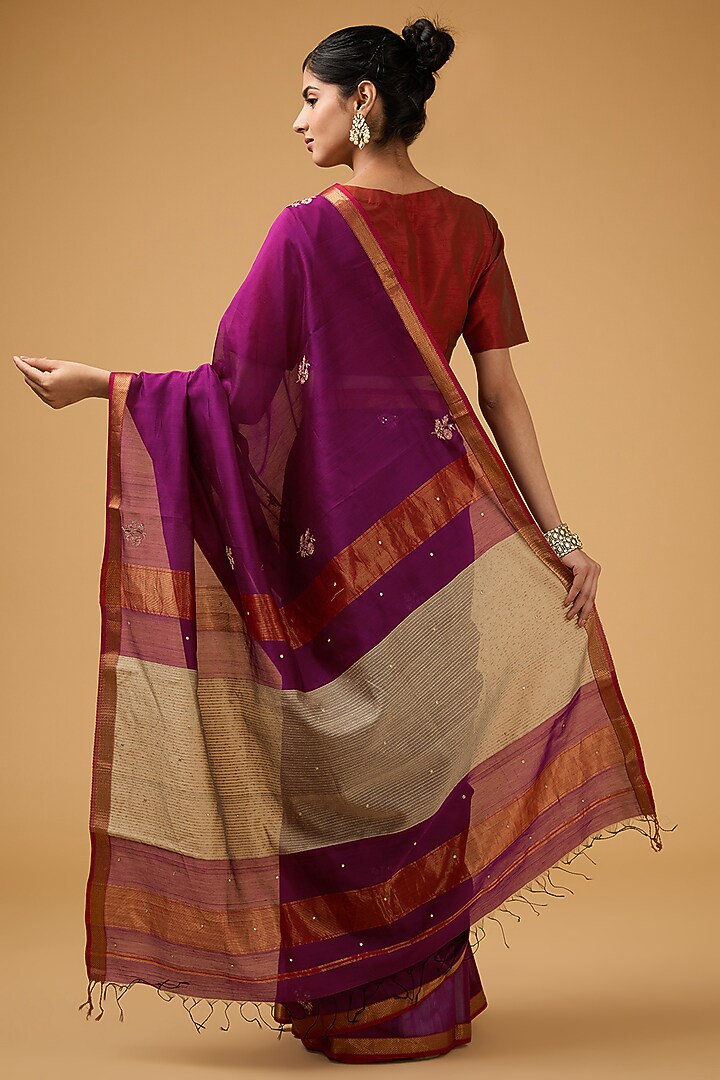 Purple Cotton Silk Handwoven Boota Embroidered Party Wear Saree Set by Aharin India at Pernia's Pop Up Shop