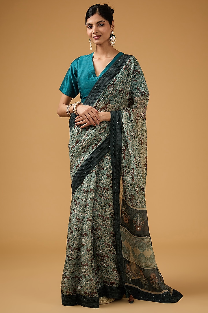 Green Viscose Floral Printed Saree Set by Aharin India