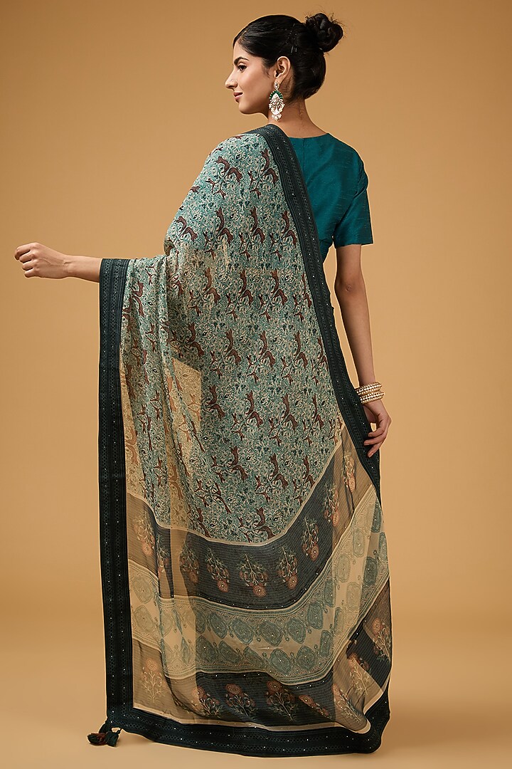 Green Viscose Floral Printed Party Wear Saree Set by Aharin India at Pernia's Pop Up Shop