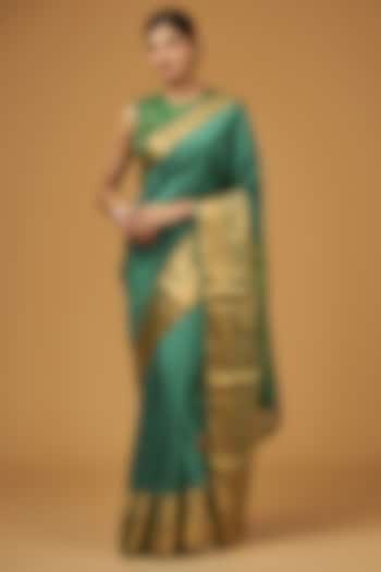 Green Silk Boota Embroidered Saree Set by Aharin India