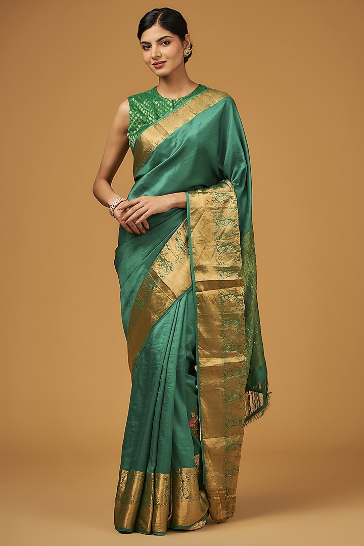 Green Silk Boota Embroidered Saree Set by Aharin India