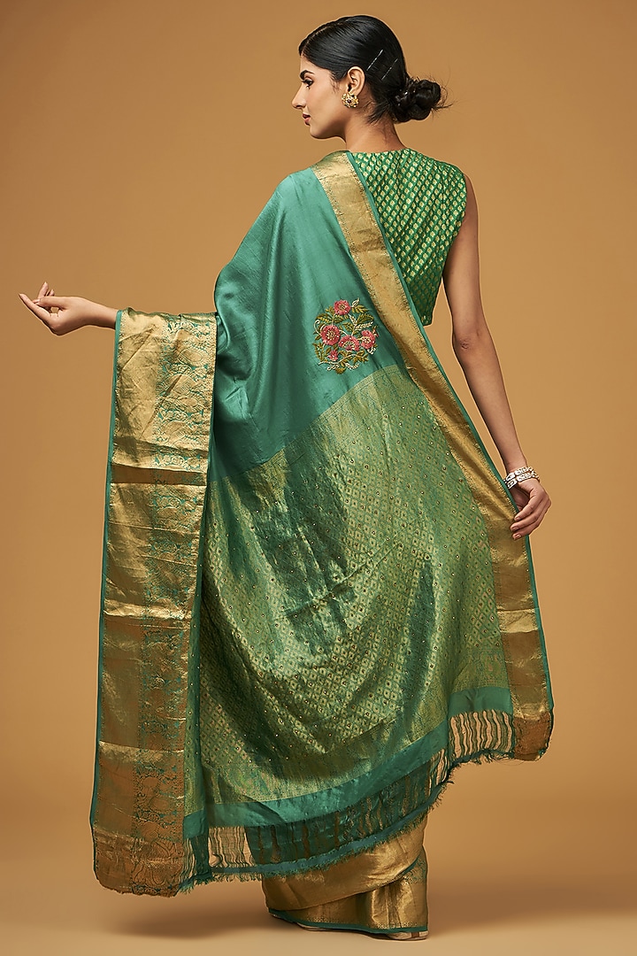 Green Silk Boota Embroidered Party Wear Saree Set by Aharin India at Pernia's Pop Up Shop