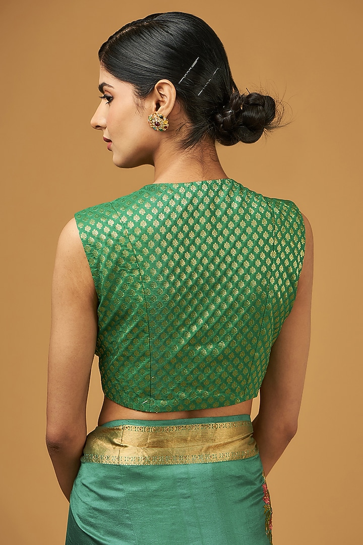 Green Silk Boota Embroidered Party Wear Saree Set by Aharin India at Pernia's Pop Up Shop