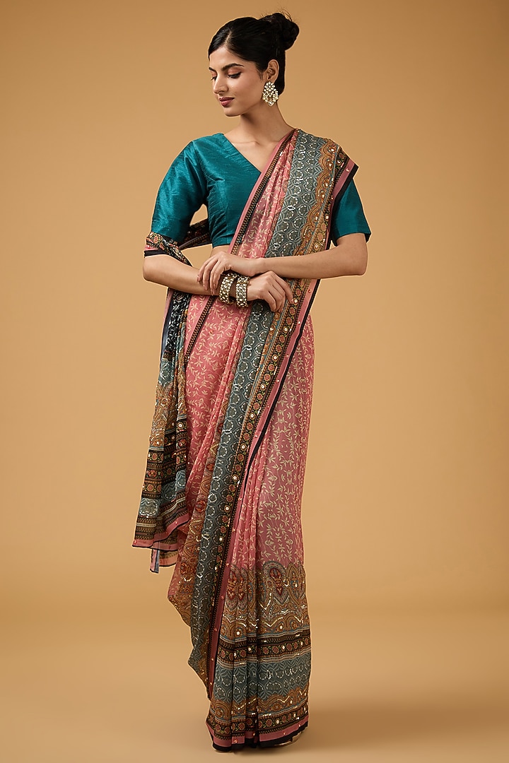 Coral Silk Floral Printed Party Wear Saree Set by Aharin India at Pernia's Pop Up Shop