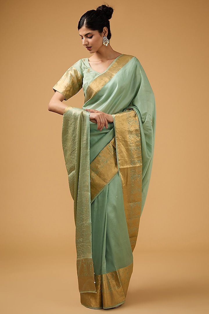 Green Silk Embroidered Saree Set by Aharin India